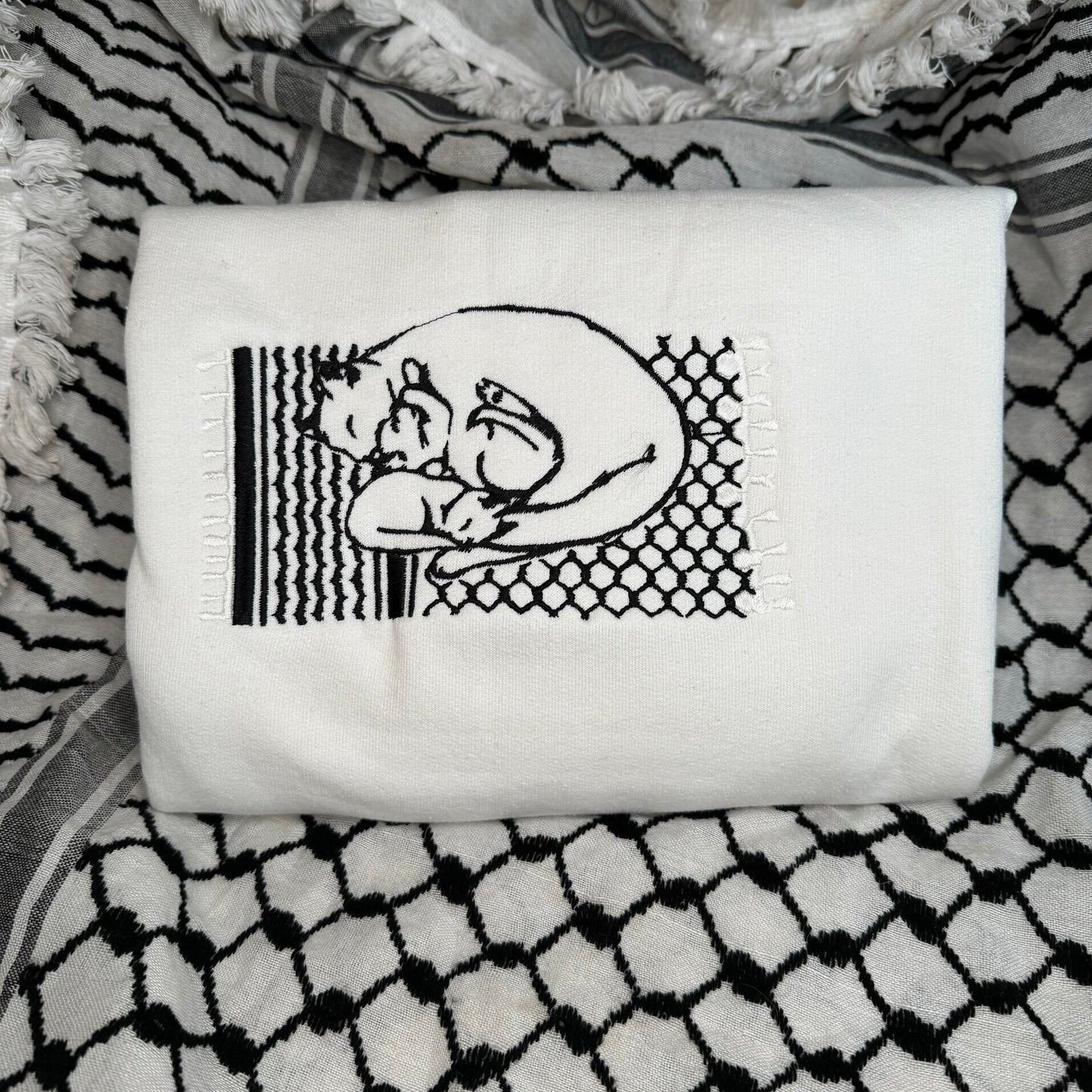 Cat Sleeping On Kafiyah Custom Embroidered Sweatshirt- All Profits Made Will Be Donated To CHILDREN